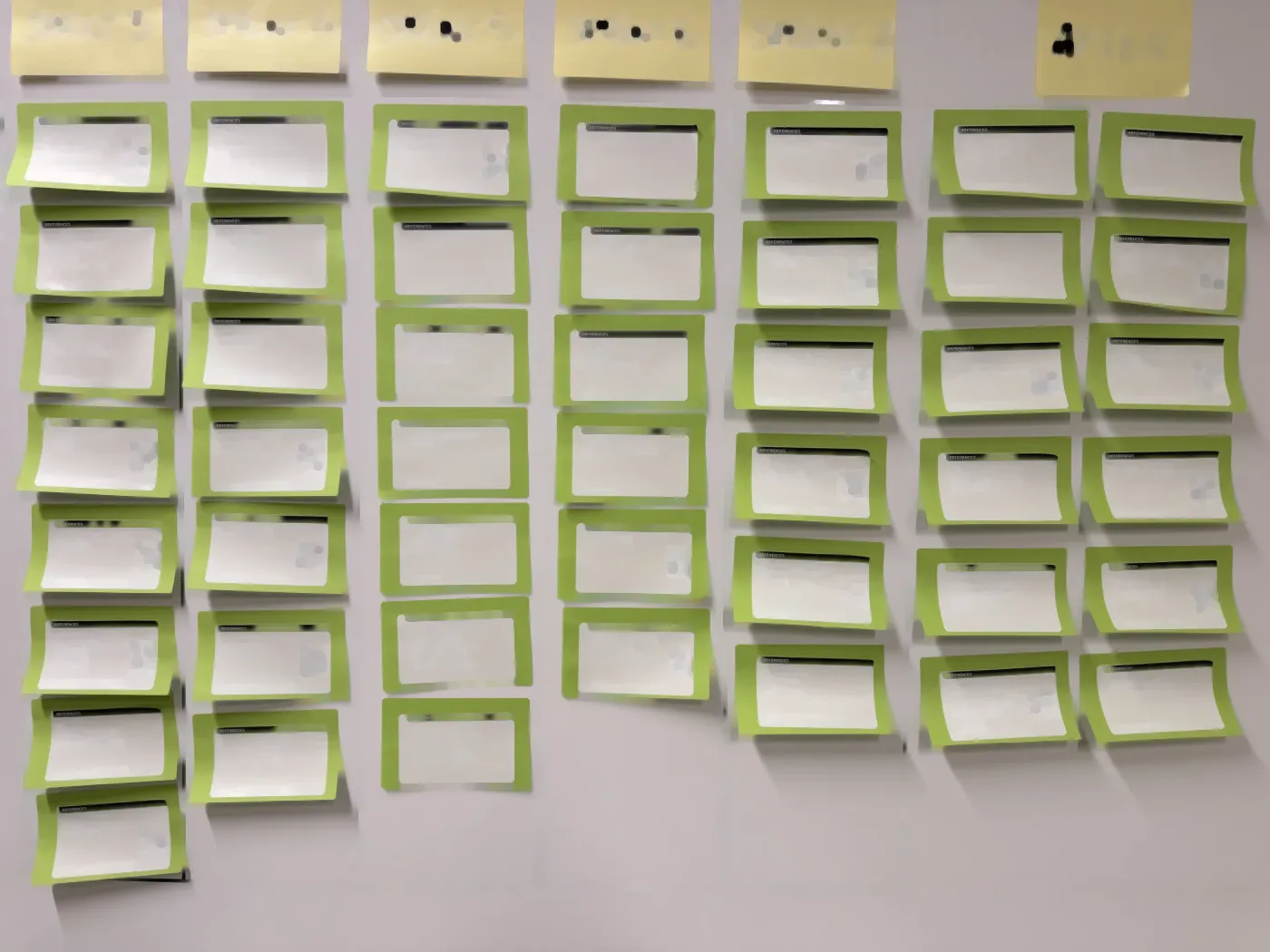 Close-up of a PI Planning board: columns of green sticky notes carrying printed labels